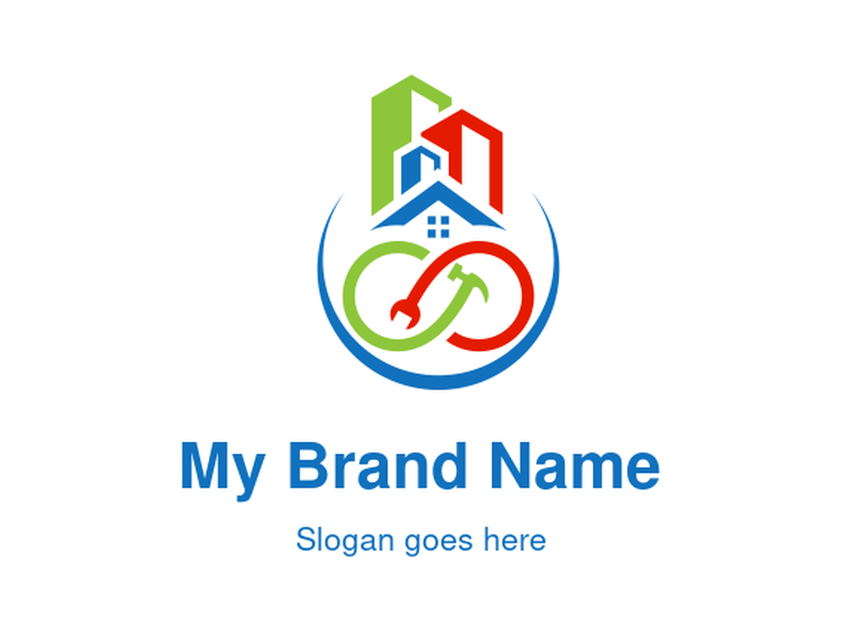 Infinity Building Maintenance Logo with Skyscrapers, House, Hammer, and Wrench for Property Management and Construction Services